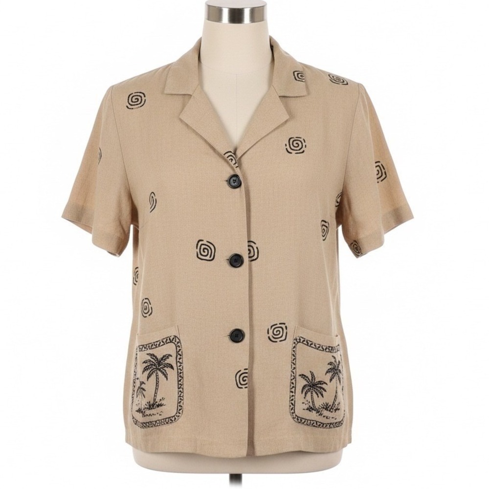 Intriguing Threads Safari Shirt Womens L Tan Giraffe Palm Tree Button Up Blouse